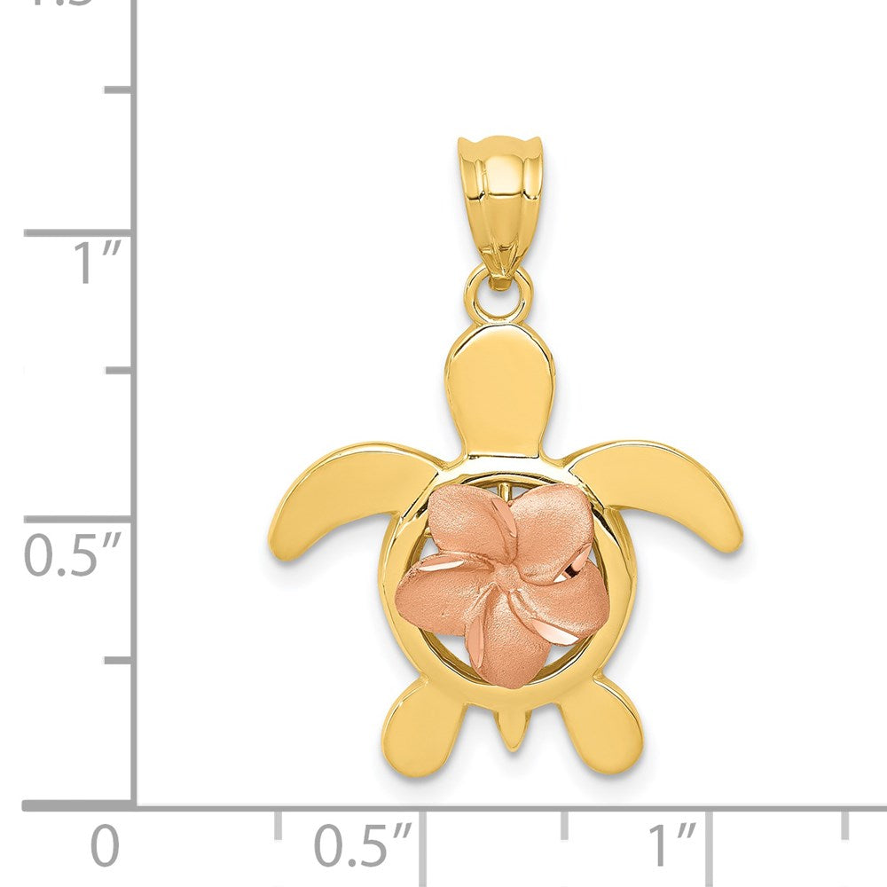 14K Bicolor-Gold Diamantgeschliffener Rosen-Plumeria-Schildkröten-Anhänger