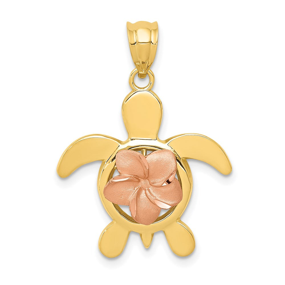 14K Bicolor-Gold Diamantgeschliffener Rosen-Plumeria-Schildkröten-Anhänger