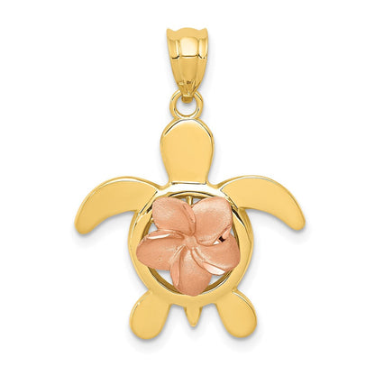 14K Bicolor-Gold Diamantgeschliffener Rosen-Plumeria-Schildkröten-Anhänger