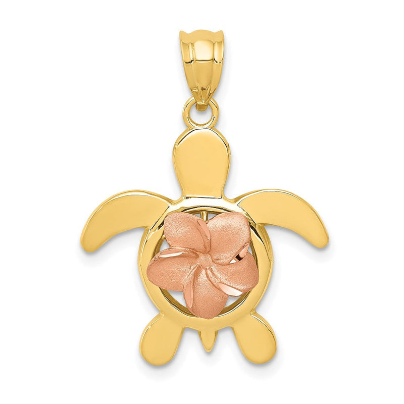 14K Bicolor-Gold Diamantgeschliffener Rosen-Plumeria-Schildkröten-Anhänger