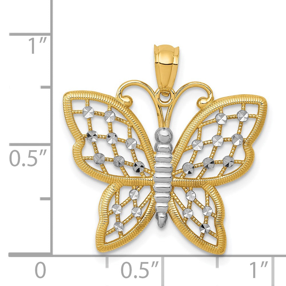 14K Gelb- und Rhodiumgold sowie Rhodium diamantgeschliffener Schmetterlings-Anhänger