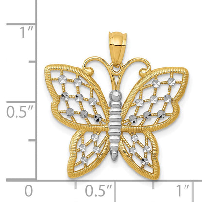 14K Gelb- und Rhodiumgold sowie Rhodium diamantgeschliffener Schmetterlings-Anhänger