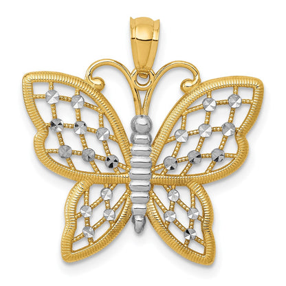 14K Gelb- und Rhodiumgold sowie Rhodium diamantgeschliffener Schmetterlings-Anhänger