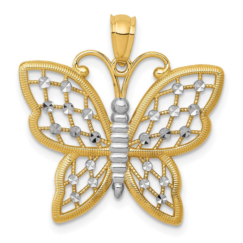 14K Gelb- und Rhodiumgold sowie Rhodium diamantgeschliffener Schmetterlings-Anhänger