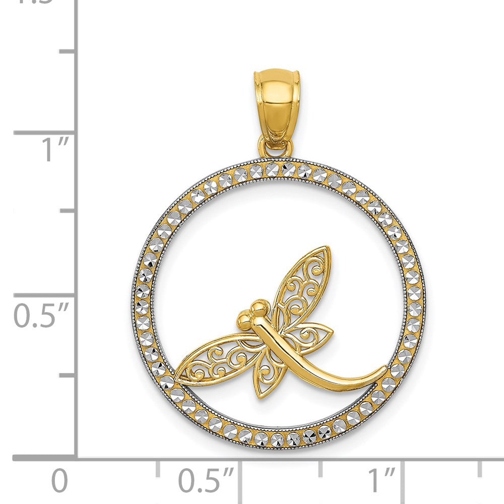 14K Gelbgold und Rhodium, Rhodium diamantiertes Libellen-Kreis-Anhänger