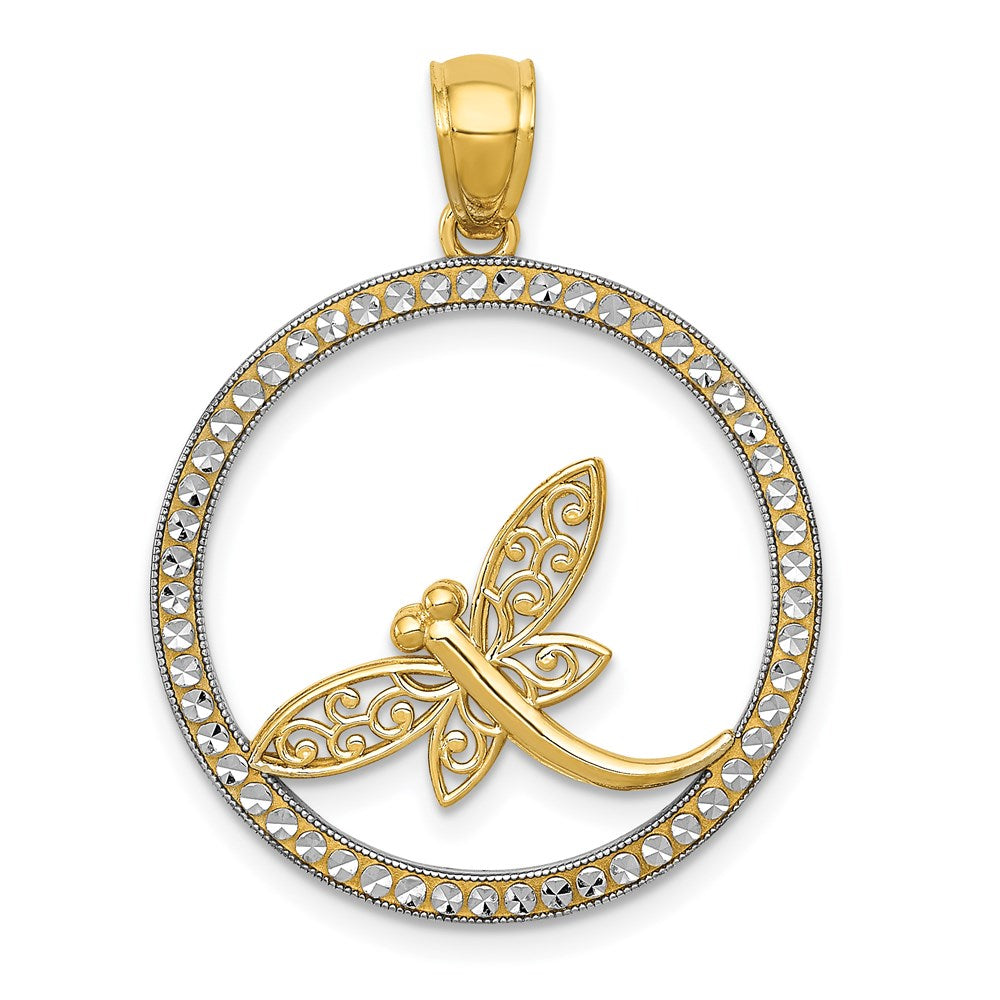 14K Gelbgold und Rhodium, Rhodium diamantiertes Libellen-Kreis-Anhänger