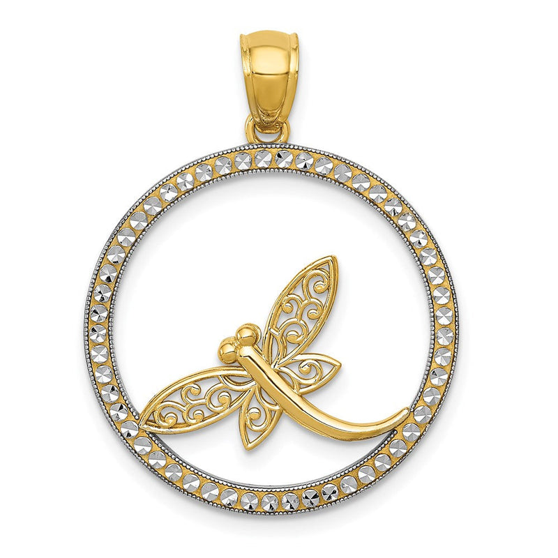 14K Gelbgold und Rhodium, Rhodium diamantiertes Libellen-Kreis-Anhänger