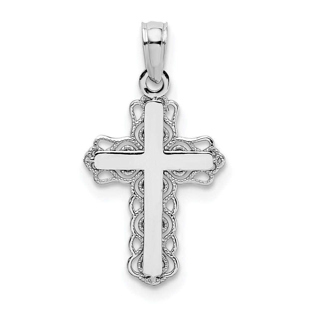 14K Weißgold mit Lace Zierde und Poliert Mittig Kreuz Charm
