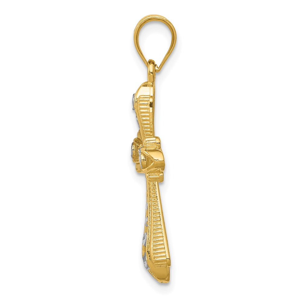 14 Karat Gelbgold & Rhodium mit Rhodium, diamantgeschliffenes Kreuz-Charm