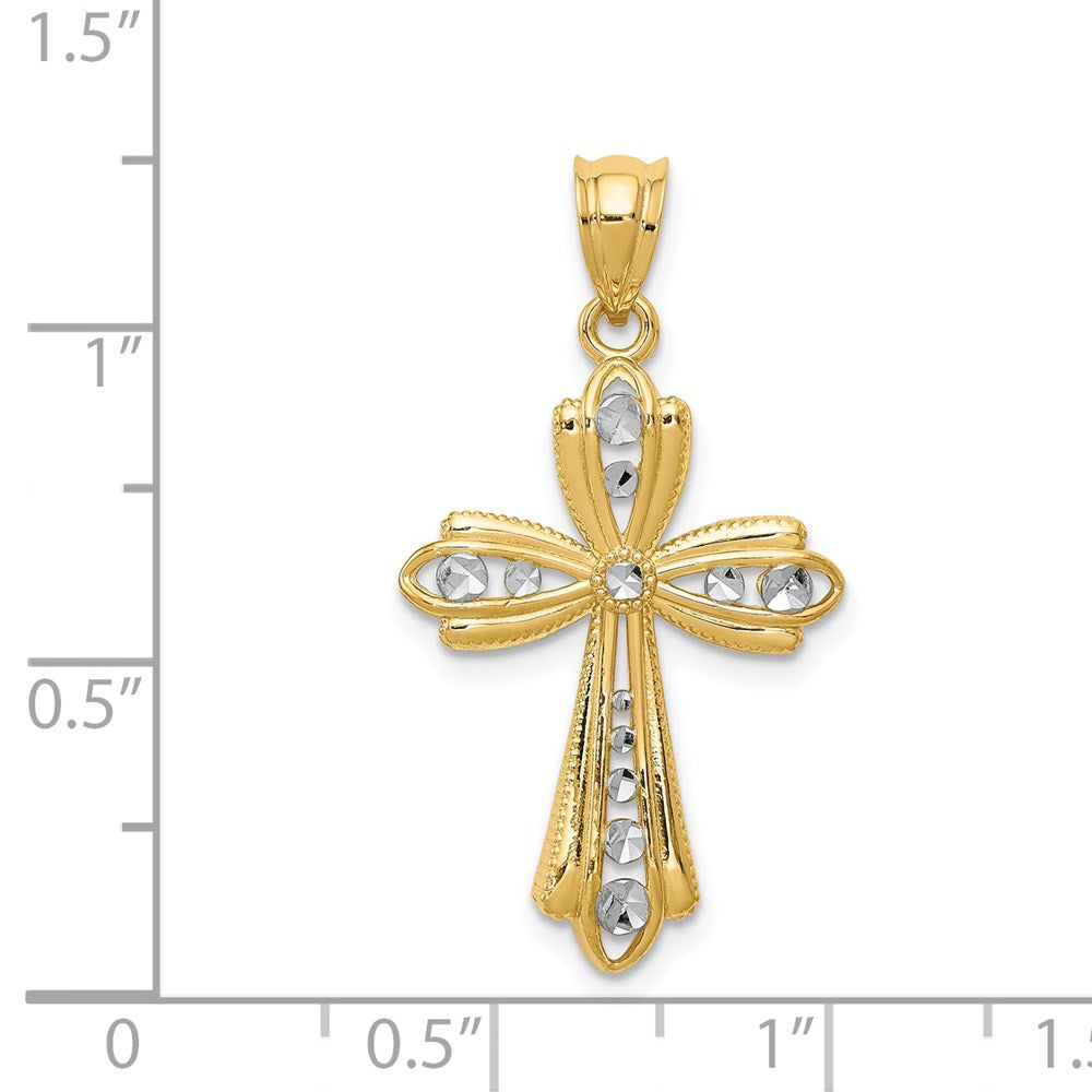14 Karat Gelbgold & Rhodium mit Rhodium, diamantgeschliffenes Kreuz-Charm