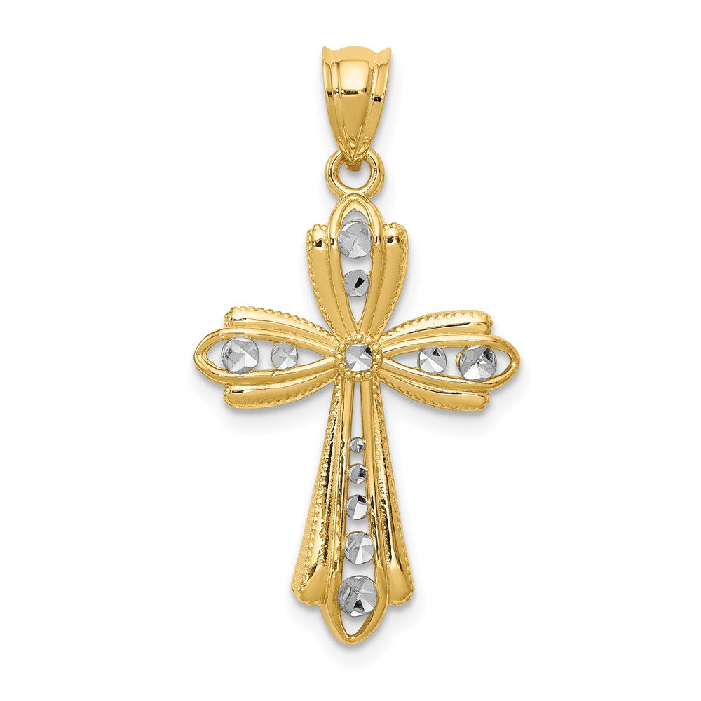 14 Karat Gelbgold & Rhodium mit Rhodium, diamantgeschliffenes Kreuz-Charm