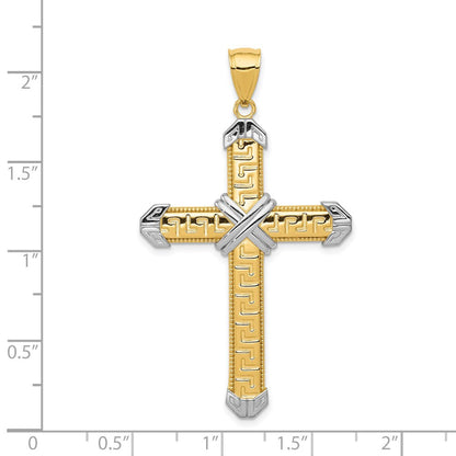 14K Gelb- und Rhodium-Gold Rhodinierter Griechischer-Mäander-Kreuz-Anhänger