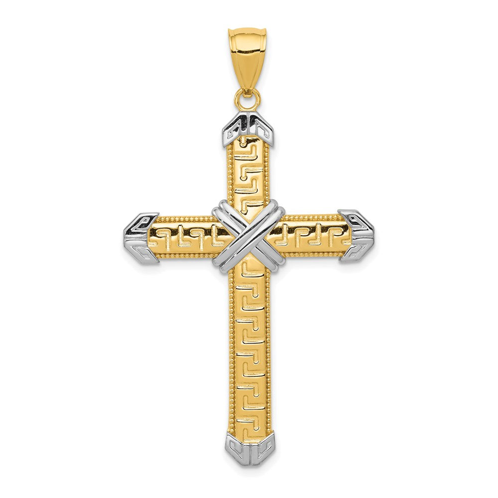 14K Gelb- und Rhodium-Gold Rhodinierter Griechischer-Mäander-Kreuz-Anhänger