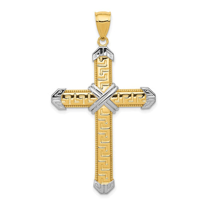 14K Gelb- und Rhodium-Gold Rhodinierter Griechischer-Mäander-Kreuz-Anhänger
