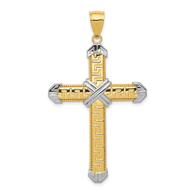 14K Gelb- und Rhodium-Gold Rhodinierter Griechischer-Mäander-Kreuz-Anhänger