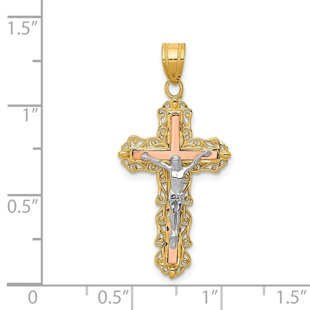 14K Tricolor-Gold Diamant-geschliffener Kruzifix-Anhänger