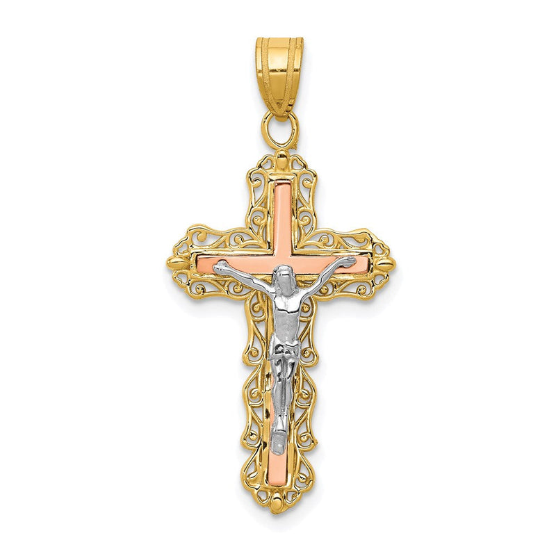14K Tricolor-Gold Diamant-geschliffener Kruzifix-Anhänger