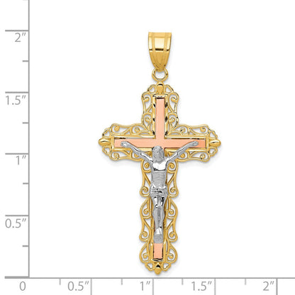 14K Tricolor-Gold Kruzifix-Anhänger, diamantiert