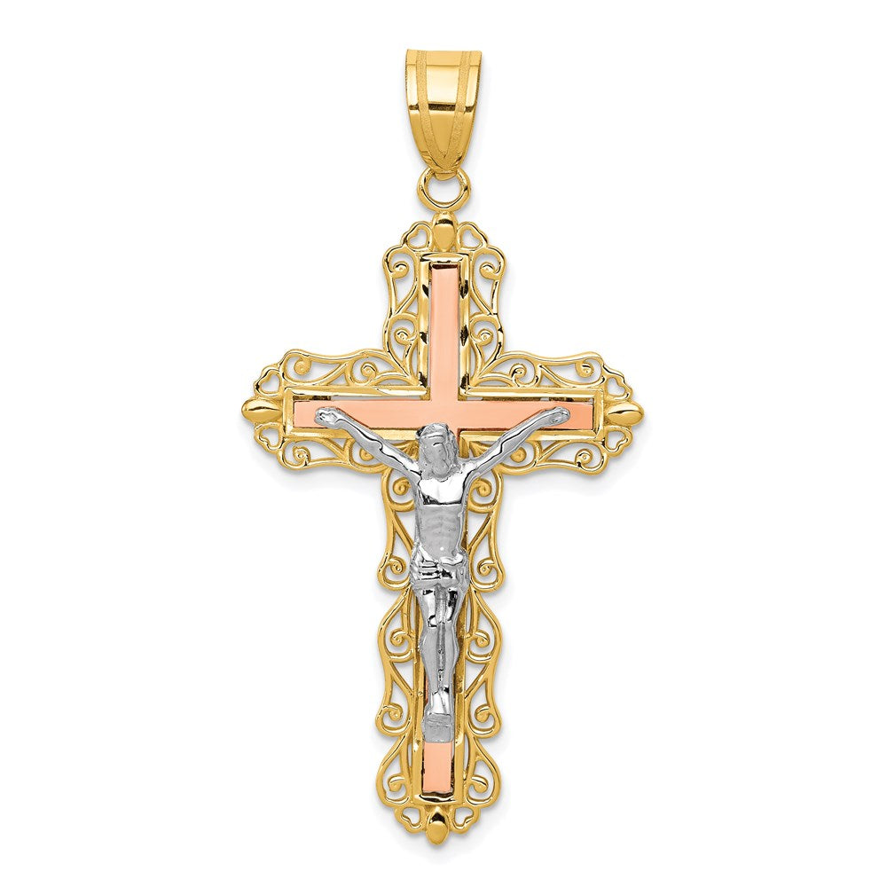 14K Tricolor-Gold Kruzifix-Anhänger, diamantiert
