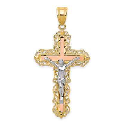 14K Tricolor-Gold Kruzifix-Anhänger, diamantiert