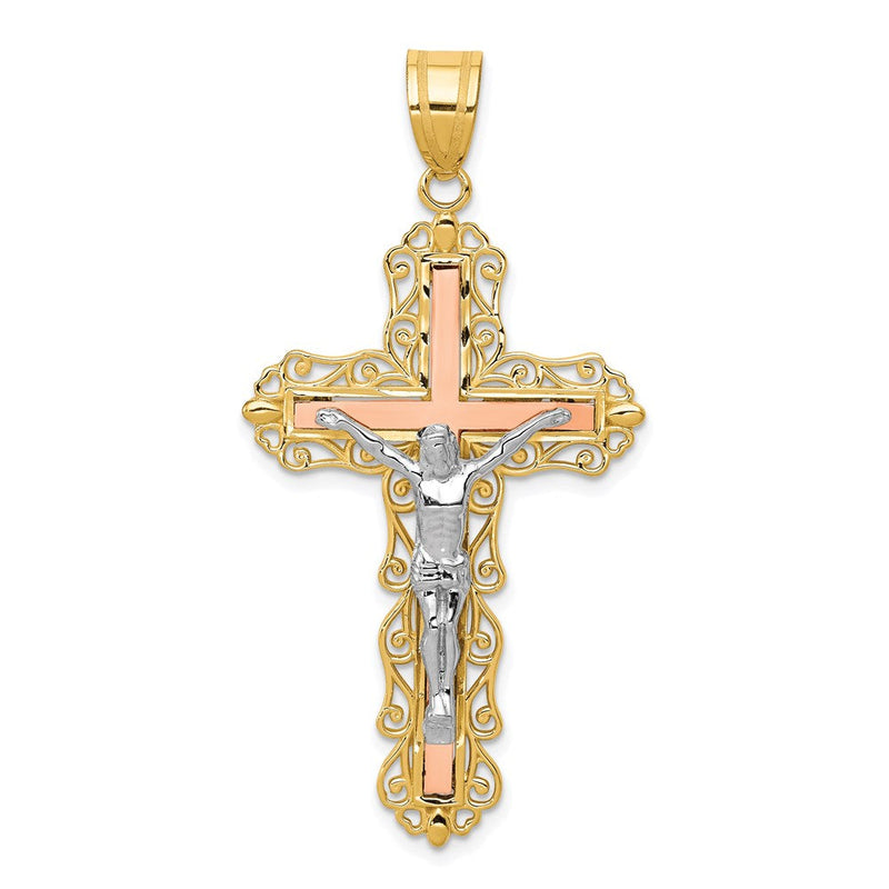 14K Tricolor-Gold Kruzifix-Anhänger, diamantiert