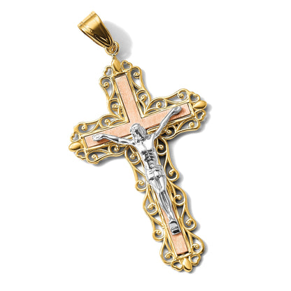 14K Tricolor-Gold Diamant-geschliffener Kruzifix-Anhänger