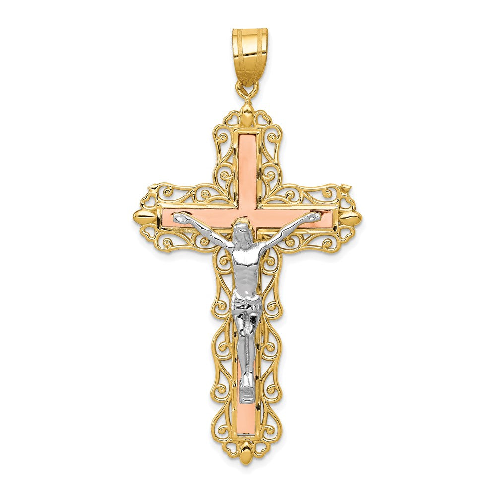 14K Tricolor-Gold Diamant-geschliffener Kruzifix-Anhänger