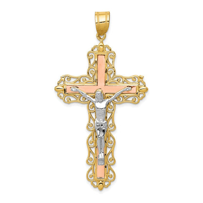 14K Tricolor-Gold Diamant-geschliffener Kruzifix-Anhänger