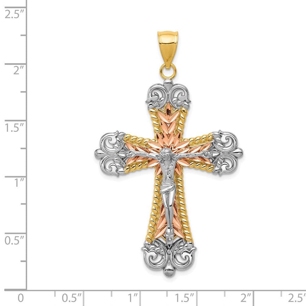 14K Tricolor-Gold mit Weißrhodium Kruzifix-Kreuz-Anhänger