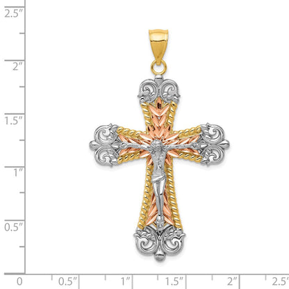 14K Tricolor-Gold mit Weißrhodium Kruzifix-Kreuz-Anhänger