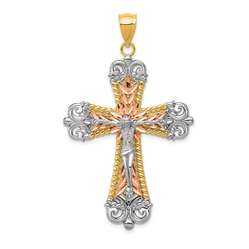 14K Tricolor-Gold mit Weißrhodium Kruzifix-Kreuz-Anhänger