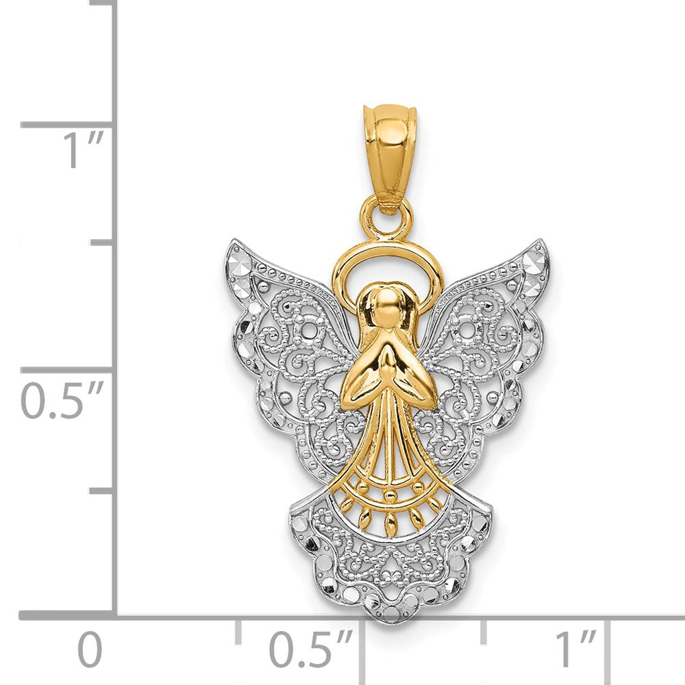 14K Gelb & Rhodium mit Rhodium Filigran Engel Anhänger