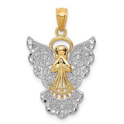 14K Gelb & Rhodium mit Rhodium Filigran Engel Anhänger