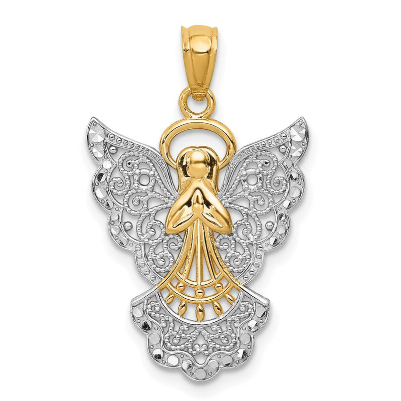 14K Gelb & Rhodium mit Rhodium Filigran Engel Anhänger