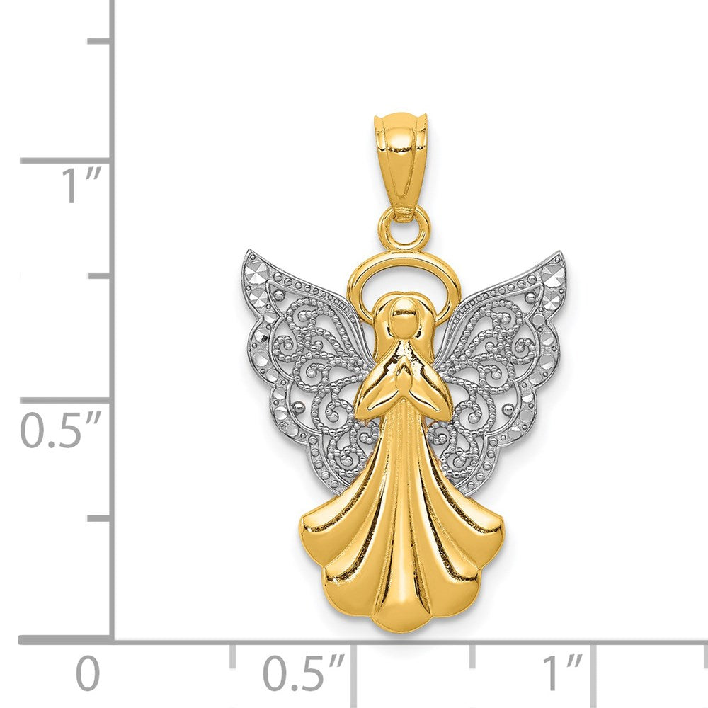 14K Gelb & Rhodium mit Rhodium Filigran Engel Anhänger