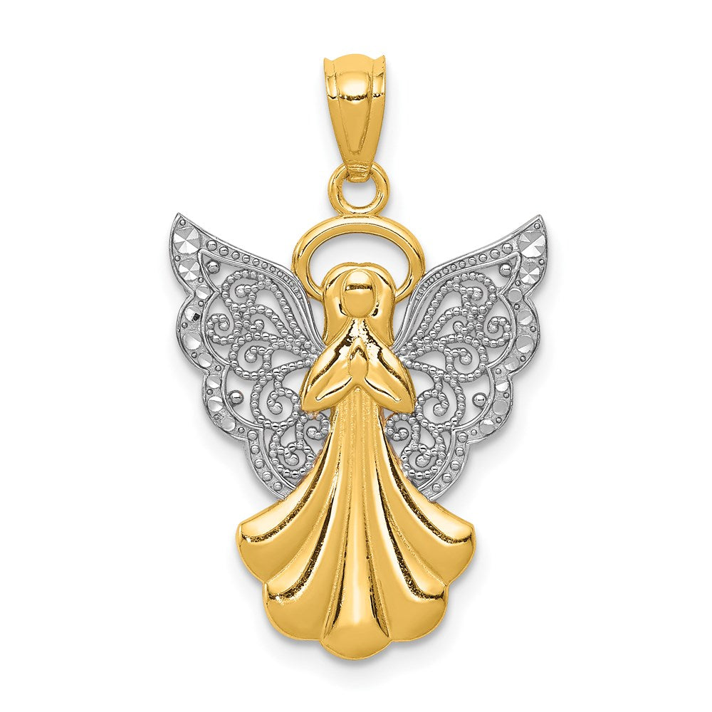 14K Gelb & Rhodium mit Rhodium Filigran Engel Anhänger