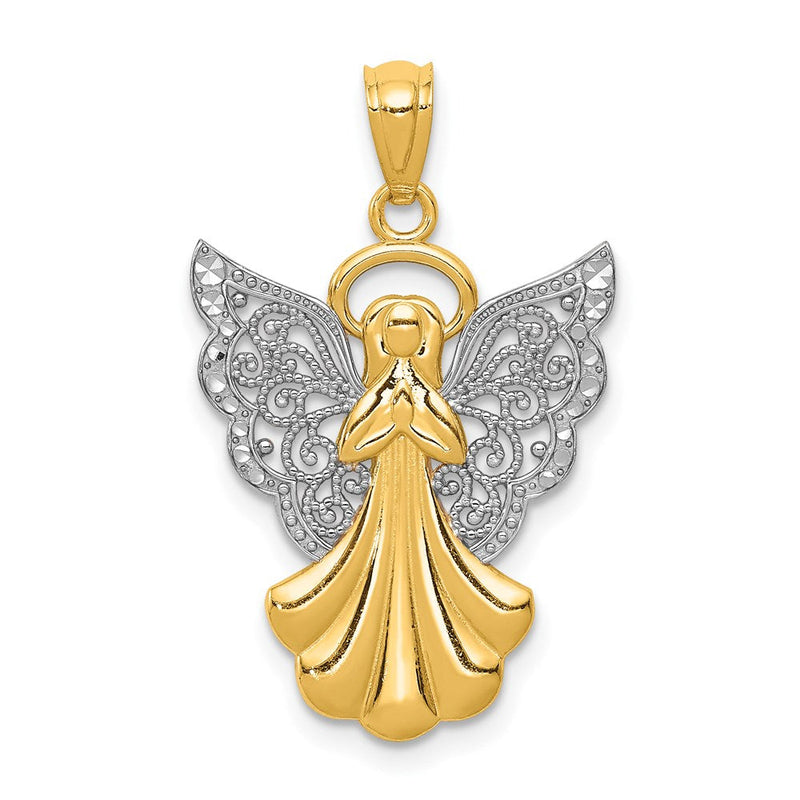 14K Gelb & Rhodium mit Rhodium Filigran Engel Anhänger