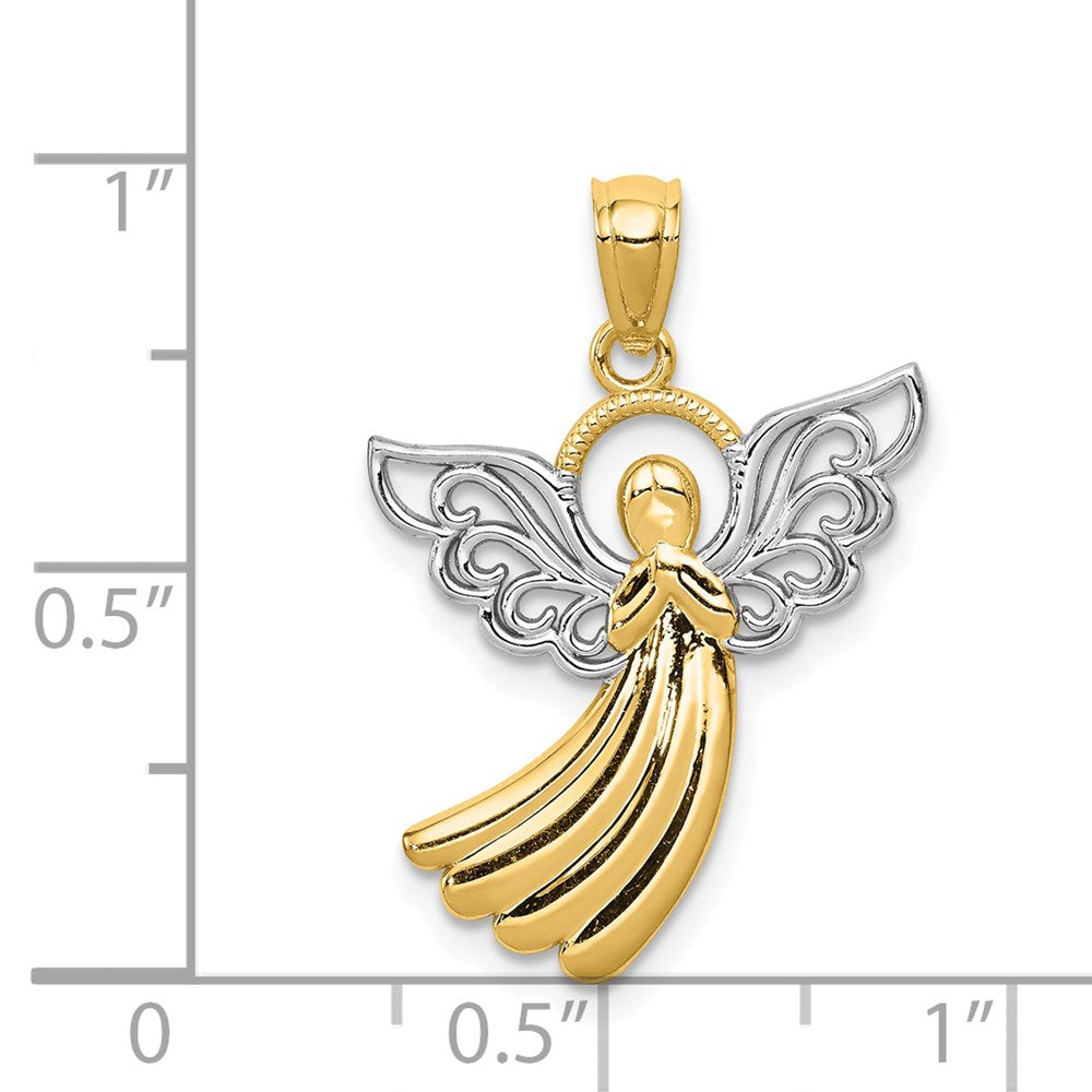 14K Gelb & Rhodium mit Rhodium Filigran Engel Anhänger