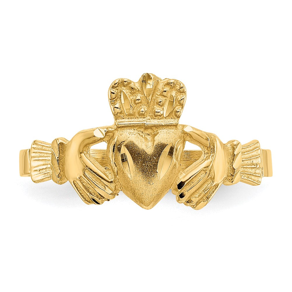 14K Gelbgold Ring mit Satinfinish und diamantgeschliffenem Claddagh-Design