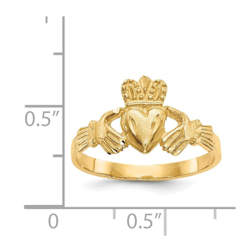 14K Gelbgold Ring mit Satinfinish und diamantgeschliffenem Claddagh-Design
