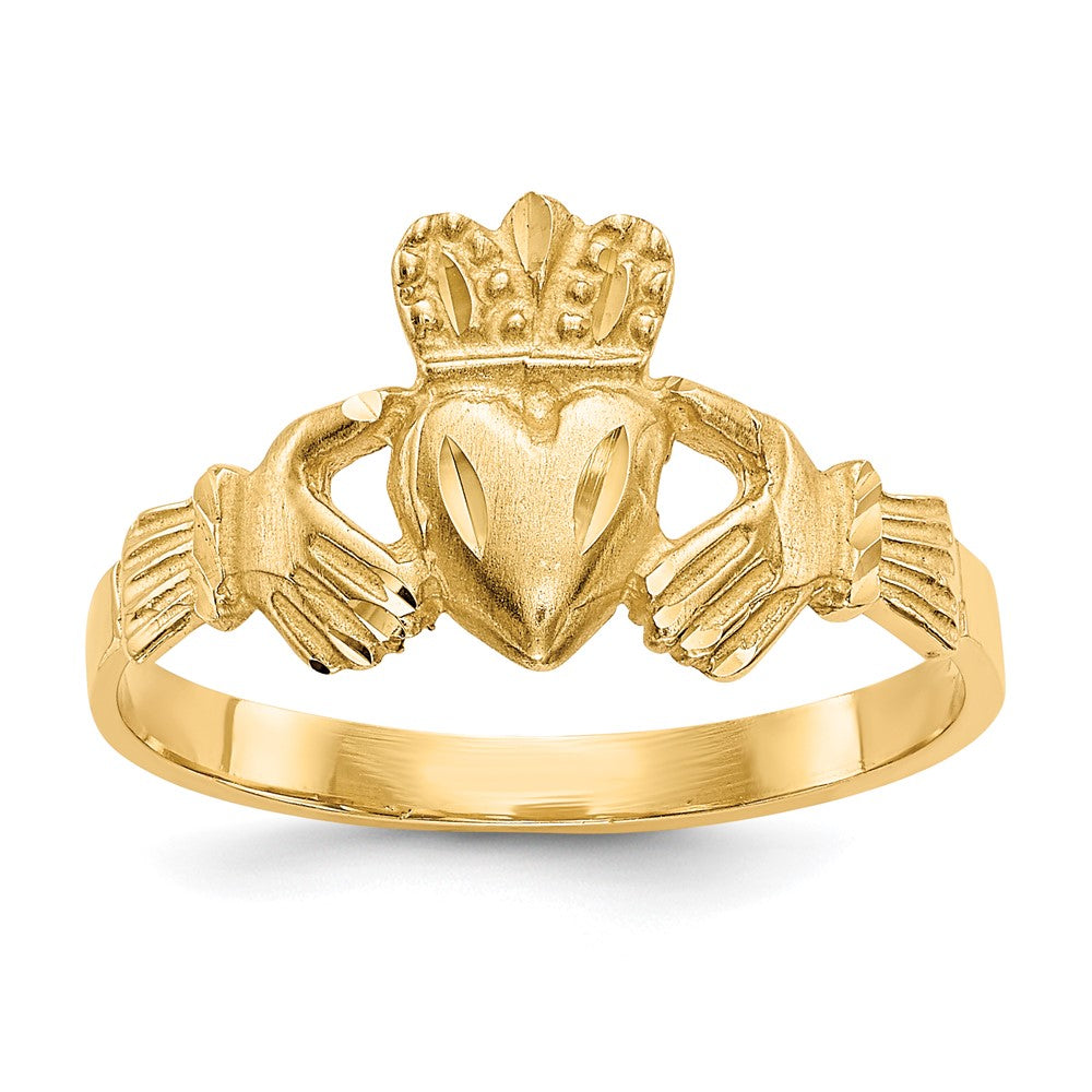 14K Gelbgold Ring mit Satinfinish und diamantgeschliffenem Claddagh-Design