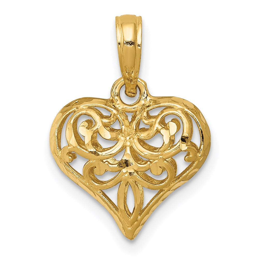 14K Gelbgold Poliert 3-d Filigran Gewölbt Herz Anhänger