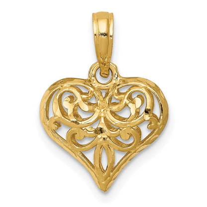 14K Gelbgold Poliert 3-d Filigran Gewölbt Herz Anhänger