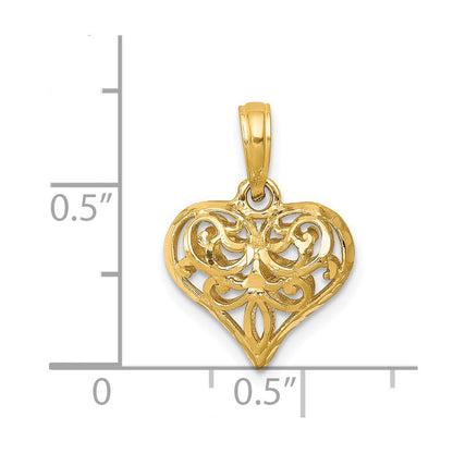 14K Gelbgold Poliert 3-d Filigran Gewölbt Herz Anhänger