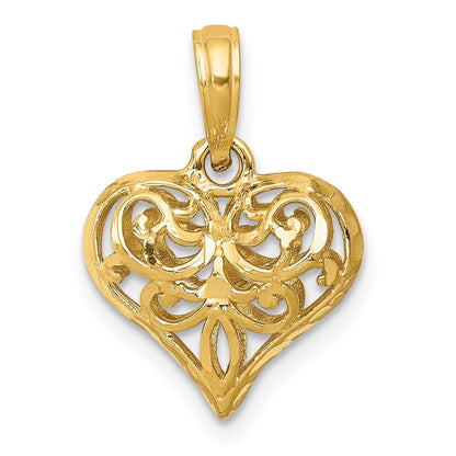 14K Gelbgold Poliert 3-d Filigran Gewölbt Herz Anhänger