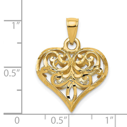 14K Gelbgold Poliert Filigranes 3-D Gewölbtes Herz-Anhänger