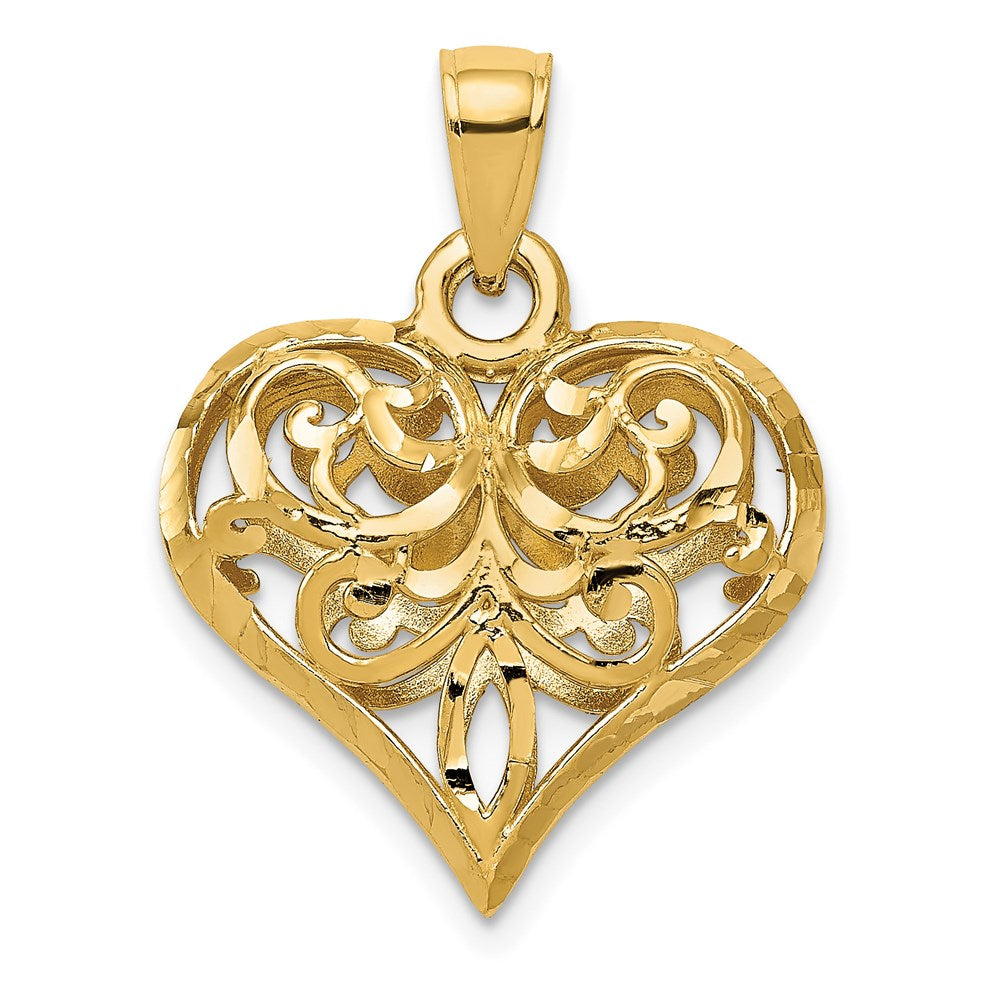 14K Gelbgold Poliert Filigranes 3-D Gewölbtes Herz-Anhänger