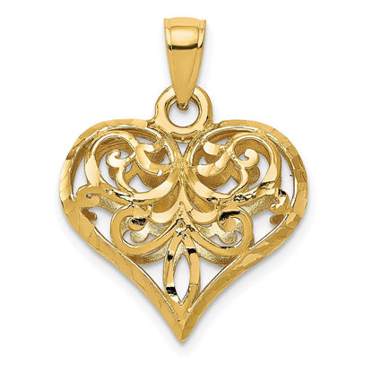 14K Gelbgold Poliert Filigranes 3-D Gewölbtes Herz-Anhänger