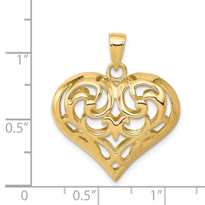 14K Gelbgold Poliert Filigraner 3-D Gepolsterter Herzanhänger