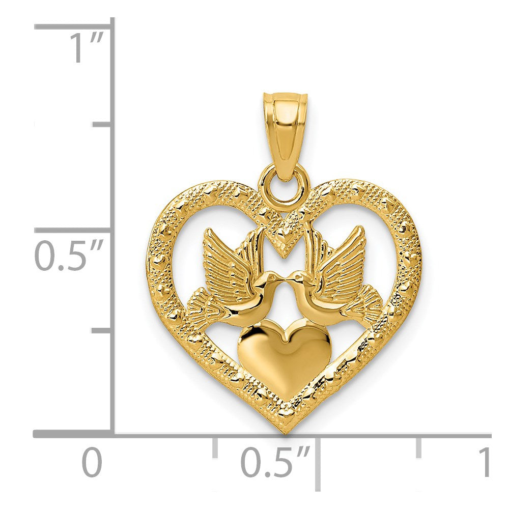 14K Gelbgold Poliert Doves in Herz Anhänger